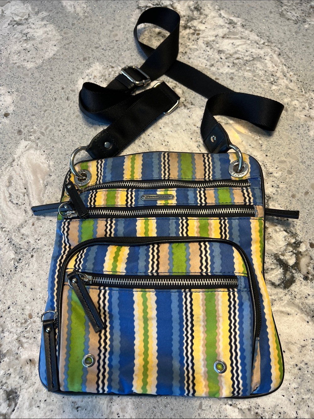 Franco Sarto Striped Nylon Multi-Pocket Crossbody Bag Travel Purse EUC